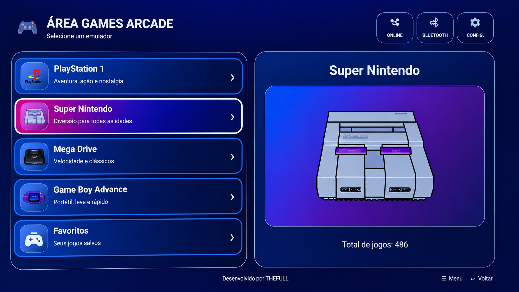 Interface da Área Games Arcade no app Cineflix Plus OTT mostrando emuladores de PlayStation 1, Super Nintendo, Mega Drive, Game Boy Advance e Favoritos
