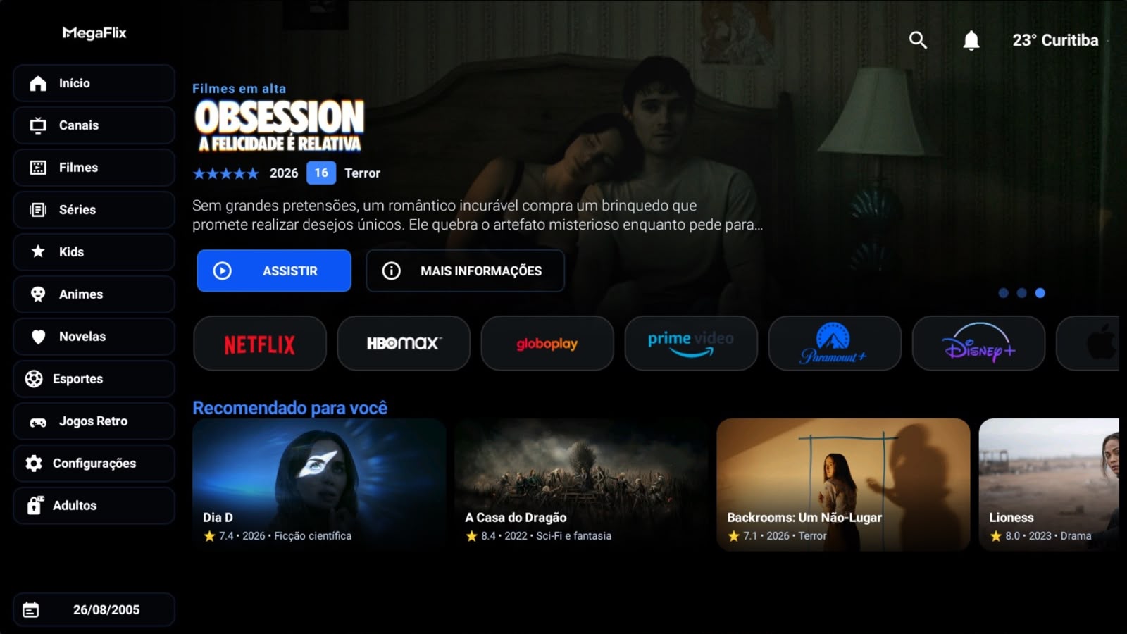 Interface do aplicativo Cineflix Plus OTT em uma TV