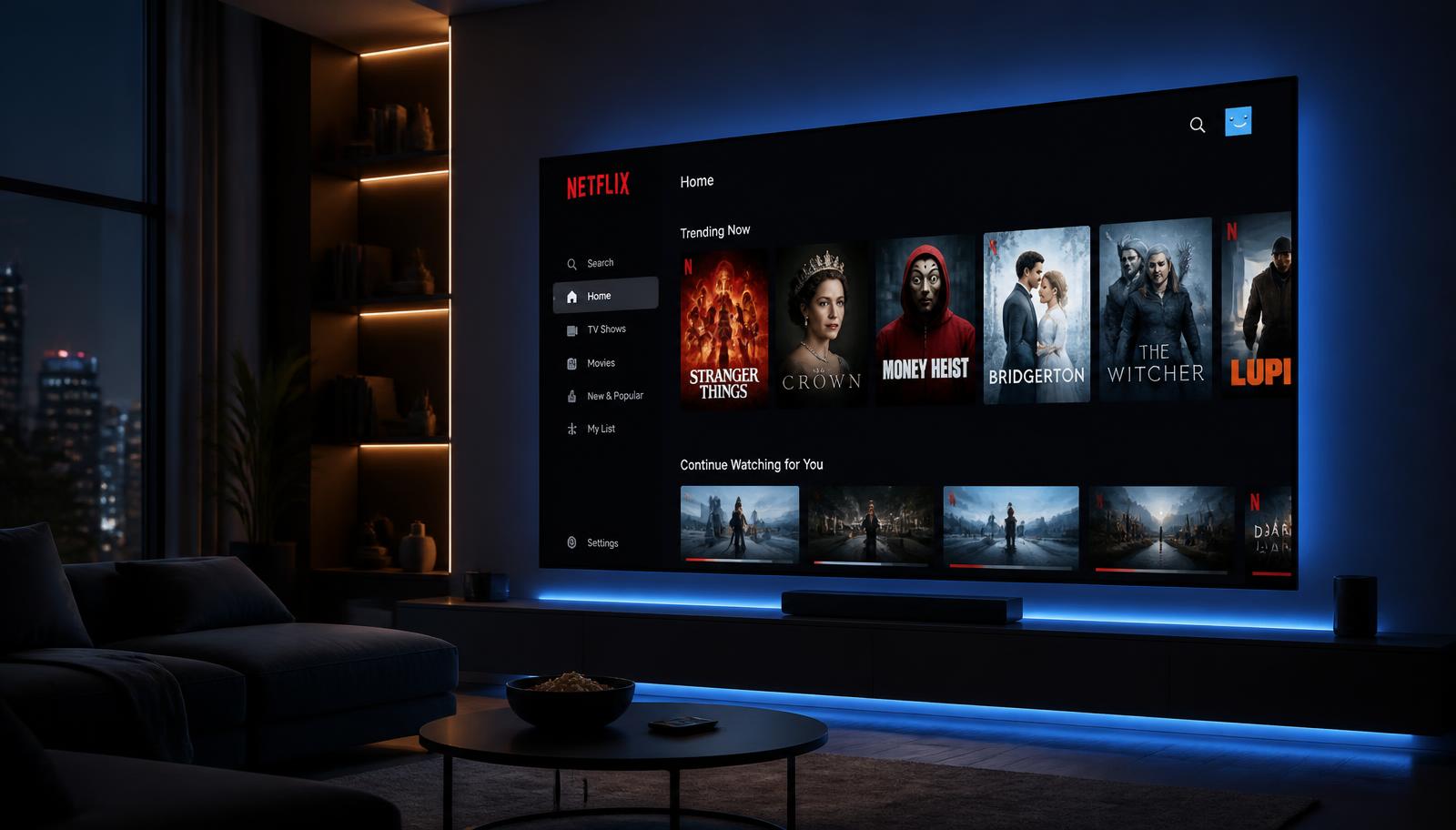 Sala com TV mostrando interface OTT de streaming